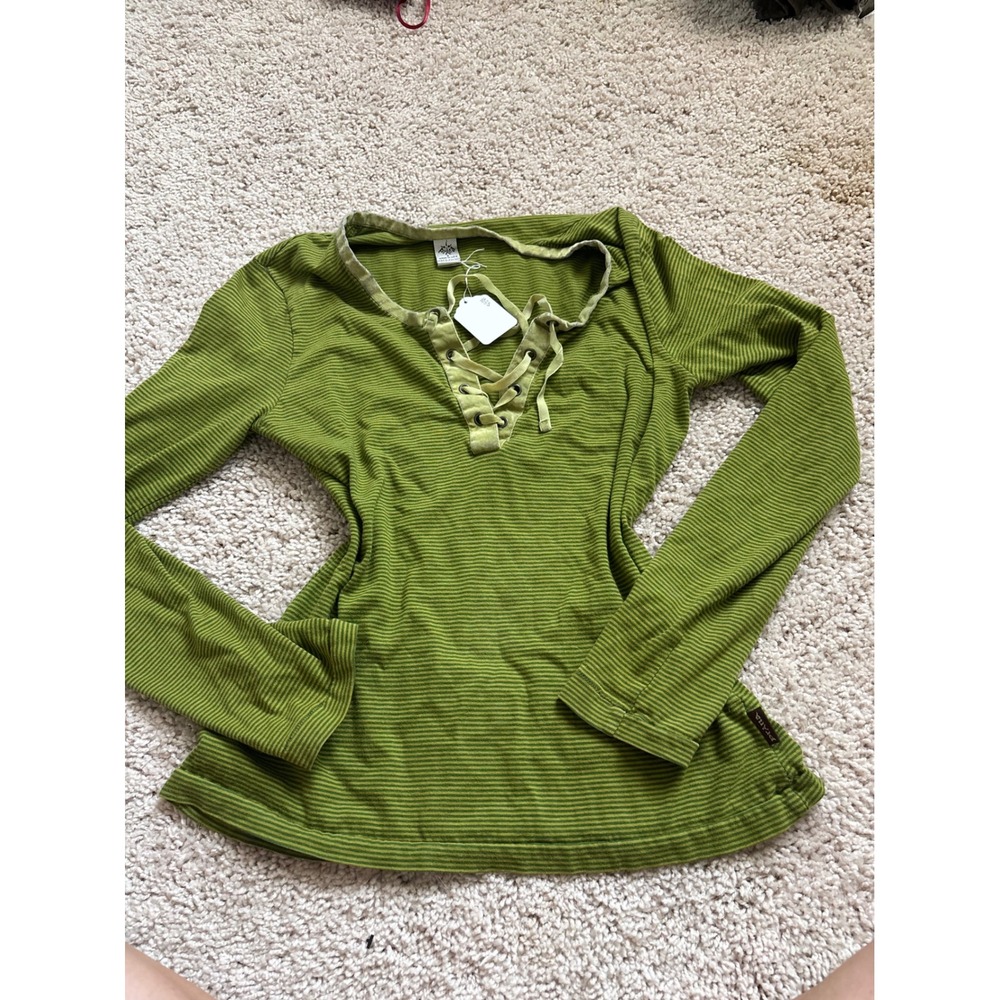 Fairycore Gorpcore Green Striped Lace Up Velvet Trim Top Prana S Y2K Boho Indie